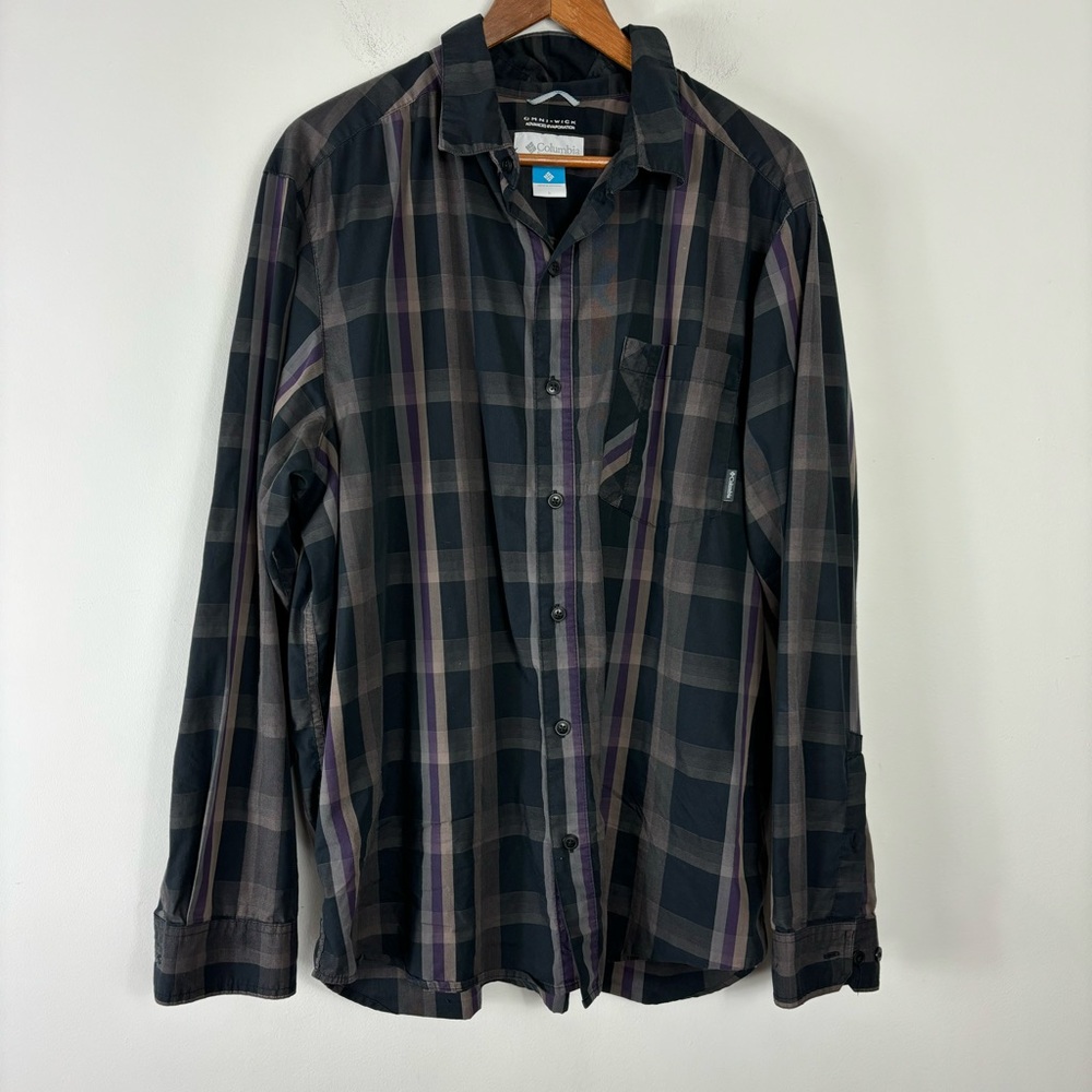 Columbia Omni-Wick Plaid Button Up Mes L Purple Plaid Long Sleeve Collared